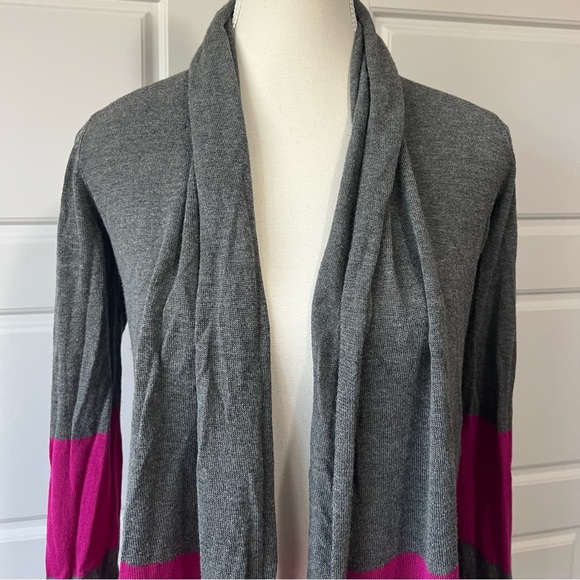 Gray & Pink Striped Open Front Cardigan Sweater‎ Casual Comfy Layering - Picture 2 of 8